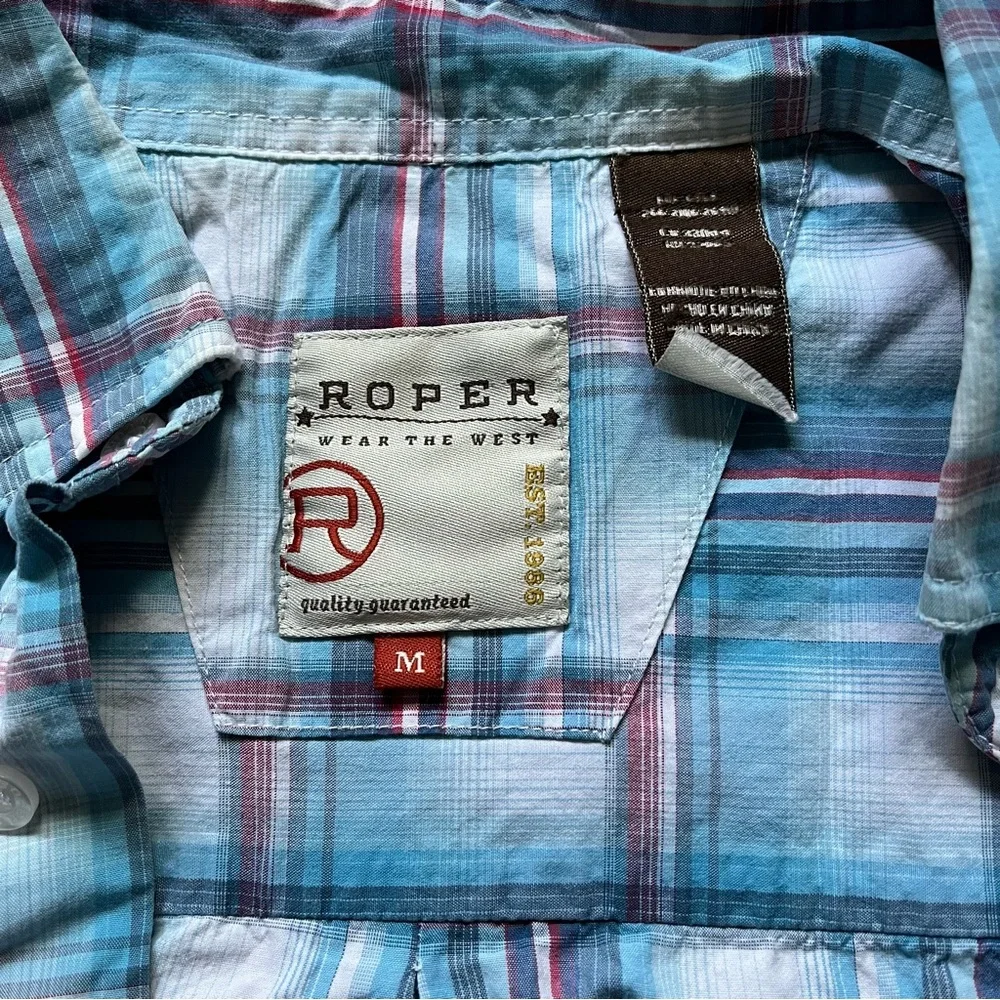 Roper Red White Blue Plaid Long‎ Sleeve Button Up Men's Size M **Flaw - Picture 4 of 9